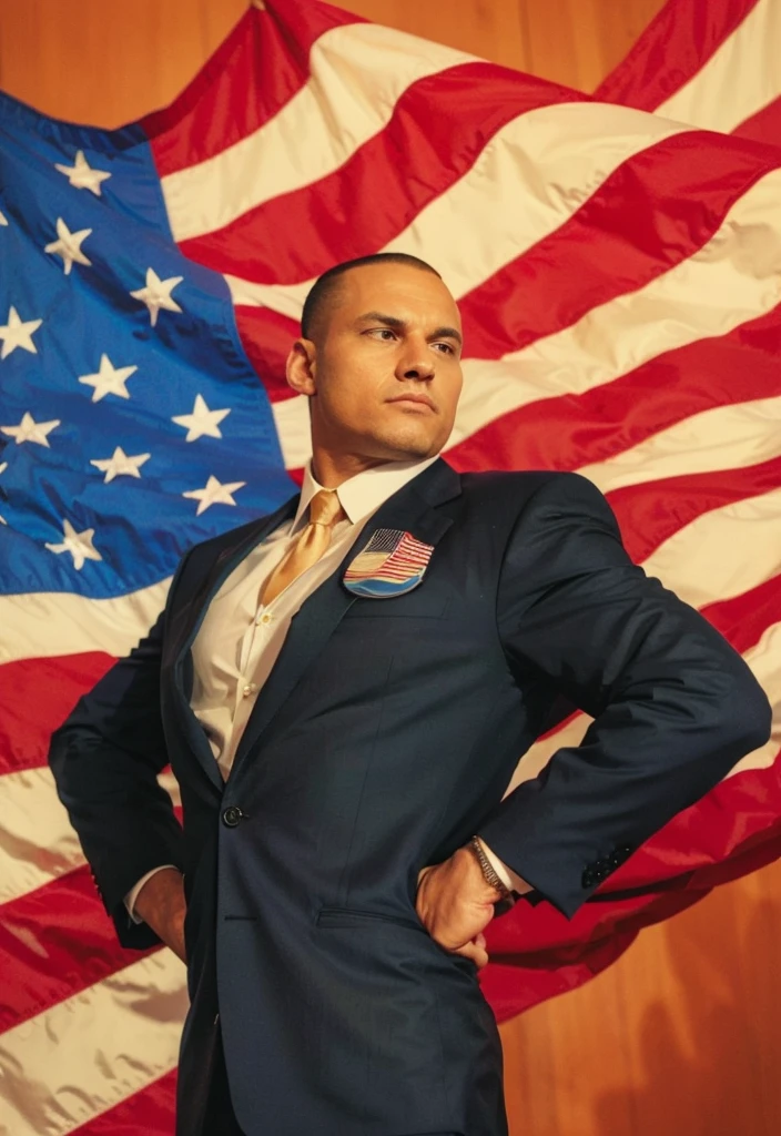 Bad man in a suit, usa flag in the Background