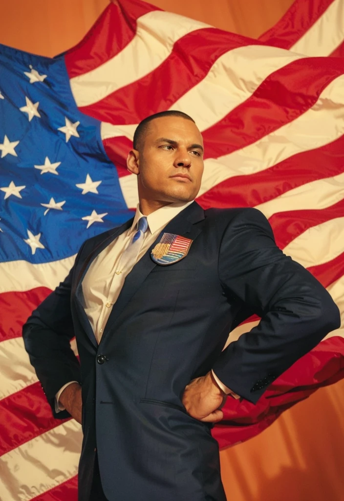 Bad man in a suit, usa flag in the Background