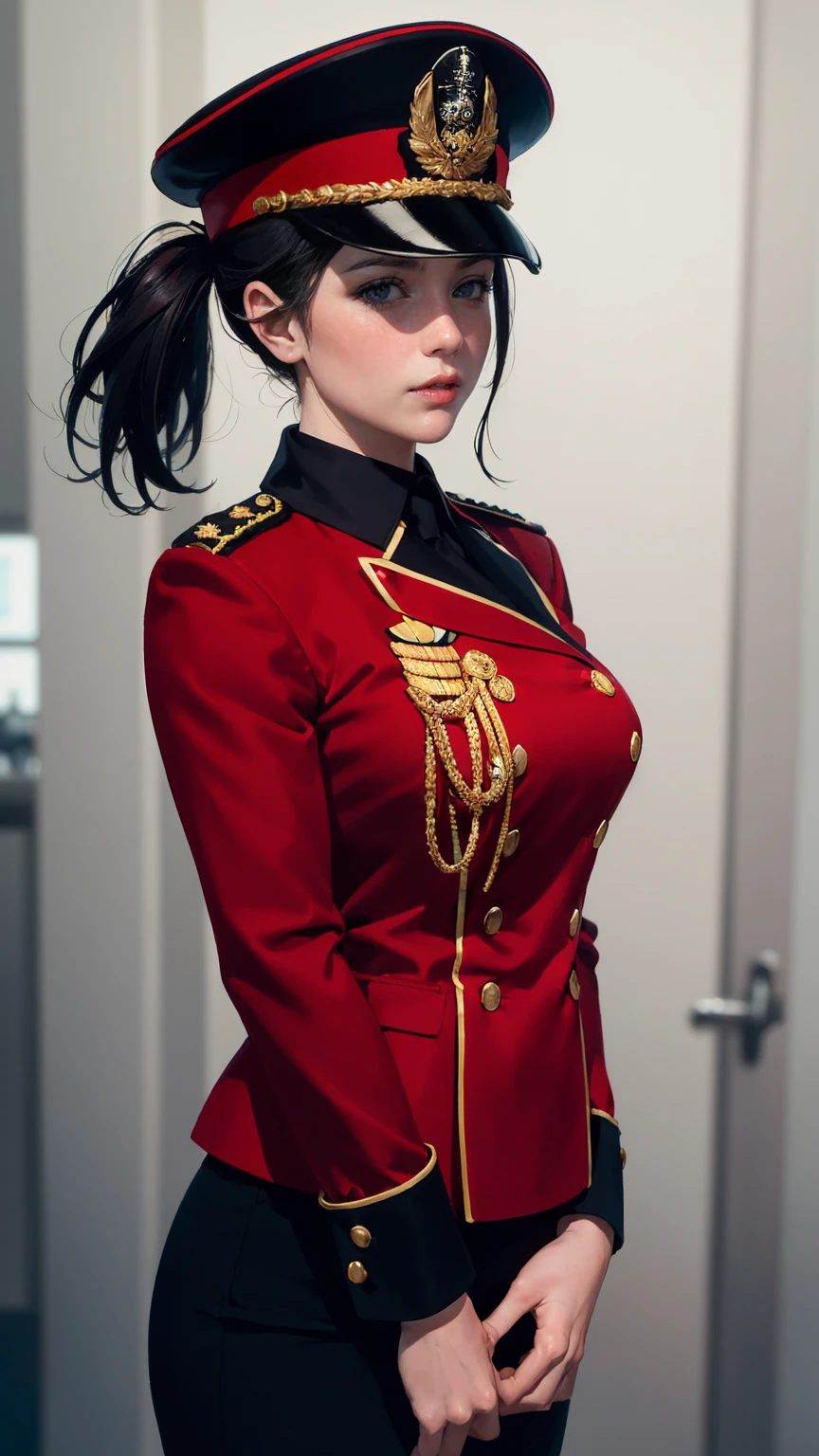Create a highly detailed and realistic character design concept illustration of a female Caledonian military officer in service dress uniform. The uniform should be dark navy with red accents, reflecting a sophisticated and authoritative appearance. The officer should be depicted with a formal, structured uniform that includes a peaked cap, decorated with military insignia and medals, and a short pencil skirt instead of trousers. The design should emphasize a sense of discipline and prestige, with clean lines and attention to detail. The background should be white and clear to focus on the character design.
