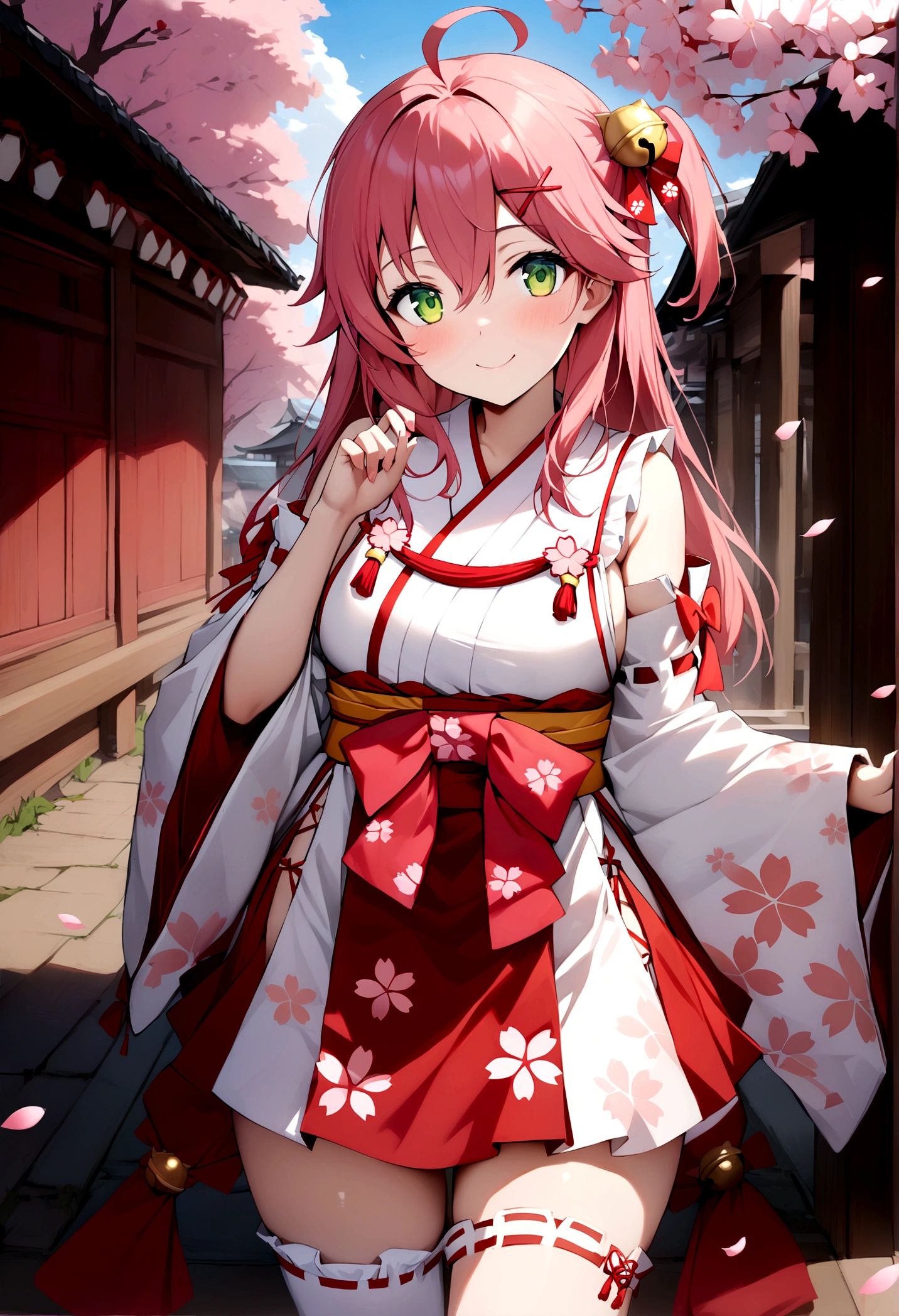 ((masterpiece,Highest quality)),One girl, cherry blossoms, Day, flower, kimono, View your viewers, Recall, Outdoor, Are standing, Miko 1, sakura miko, Green Eyes, alone, Ahoge, X Hair Ornament, Pink Hair, Single knee socks, Side bust, Hair Clip, Hair Bell, flower柄プリント, Long Hair, Hair between the eyes, One side up, White knee socks, Asymmetrical legwear, Wide sleeves,smile