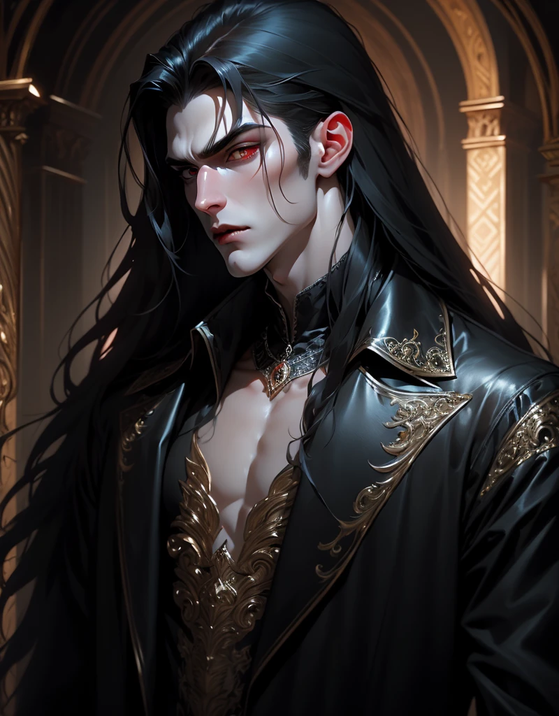 {anatomy}(Masterpiece - Ultra-detailed, very high resolution) Prepare to be enchanted by a true masterpiece that combines ultra-detailed art with high-resolution rendering. This work portrays a vampire man with long black hair (1.3) and captivating golden eyes (1.2), emanating an aura of mystery in decadent settings. The intricate details and realistic textures invite you to explore every aspect of this enchanting composition. Vampire man wearing a black 60s biker vest. 60s. Serious expressions. Pale skin like a vampire.