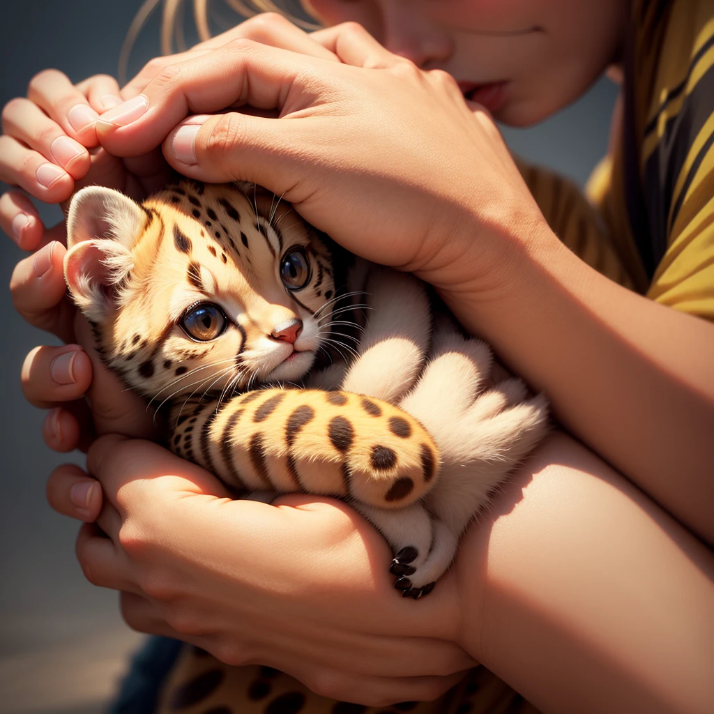 cute baby cheetah hugging a human finger, close up, vibrant, single index finger, hugging, cute face, paws