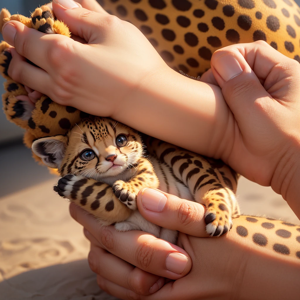 cute baby cheetah hugging a human finger, close up, vibrant, single index finger, hugging, cute face, paws