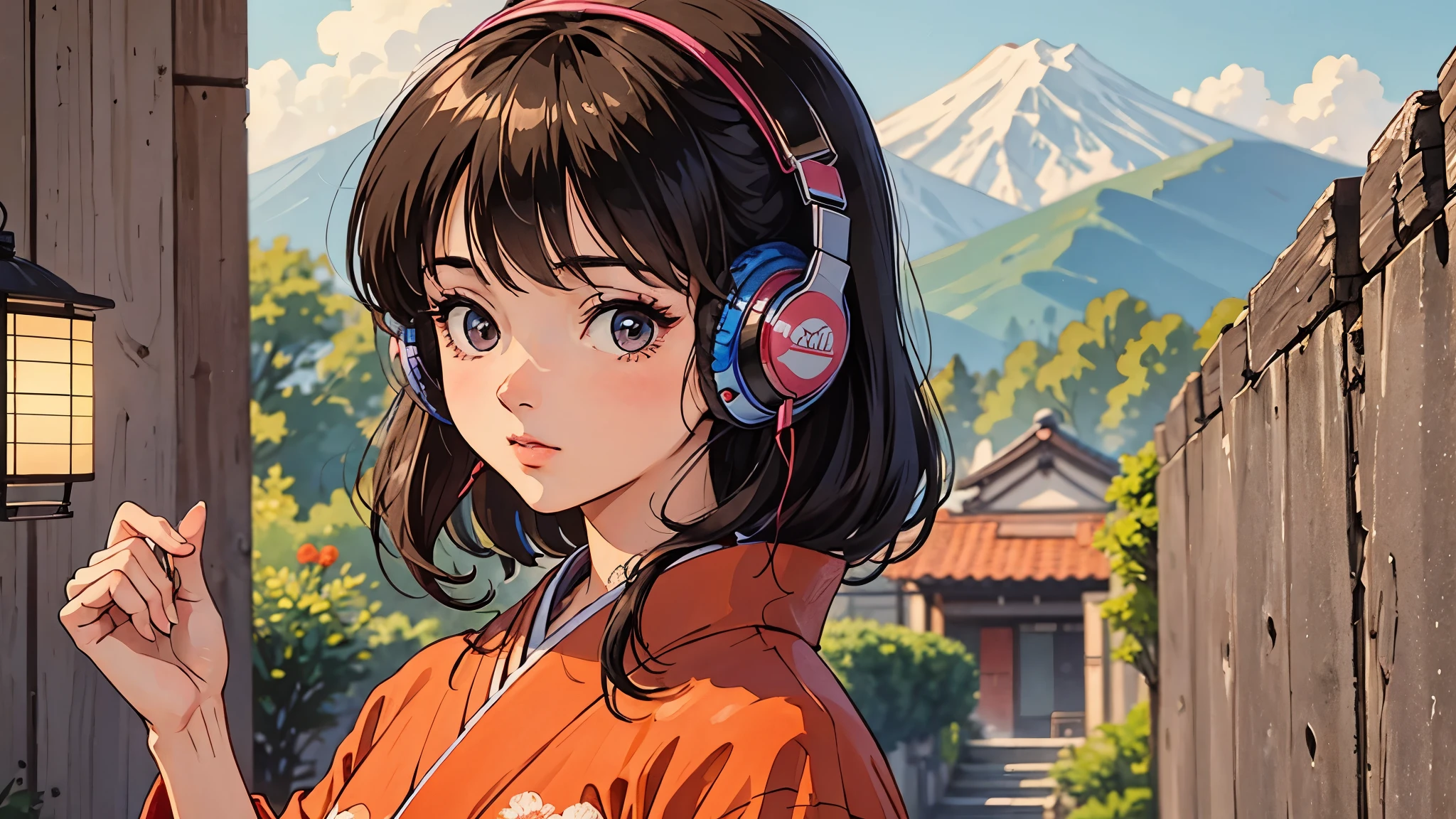 1girl, A girl in 80s anime style, wearing headphones, retro, lo-fi, kimono, kimono, Japan, Japanese style, Japanese style, Japanese   pattern, Japanese Pattern, wall, wall