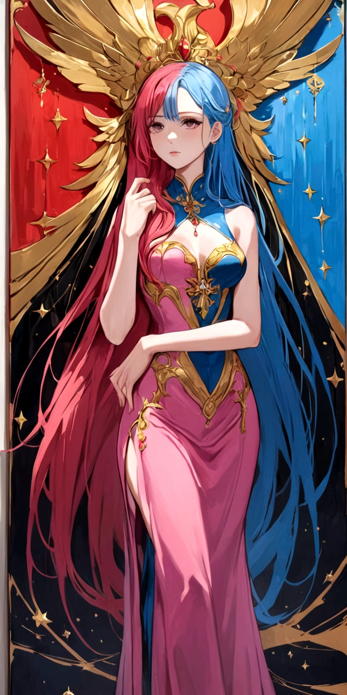 (work of art, highest quallity:1.2), 1 girl, standing alone,They are standing_to divide,
, long hair,blackw无袖短背心,pink skirt,blackw