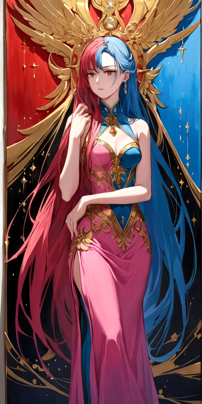 (work of art, highest quallity:1.2), 1 girl, standing alone,They are standing_to divide, 
, long hair，blackw无袖短背心，pink skirt，blackw