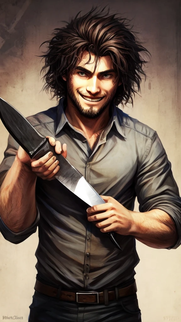 A man with messy hair. smiling evilly. with a knife in hand. Being a psychopath.