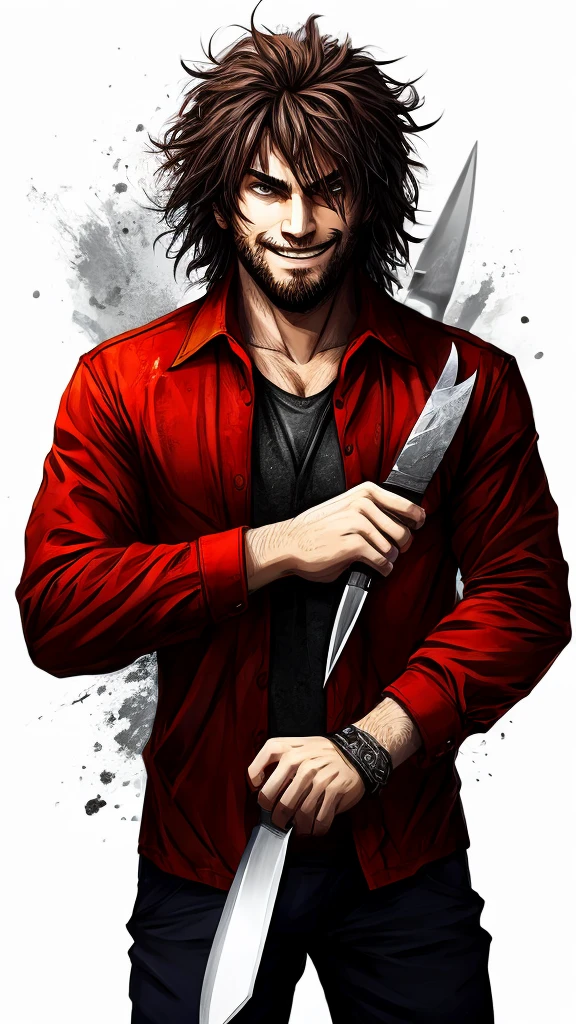 A man with messy hair. smiling evilly. with a knife in hand. Being a psychopath.
