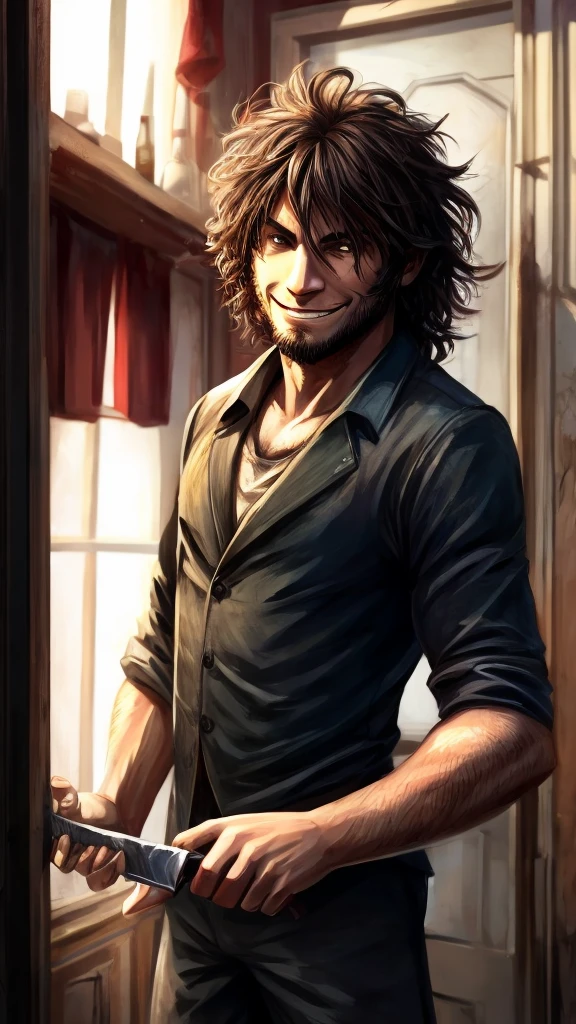 A man with messy hair. smiling evilly. with a knife in hand. Being a psychopath.