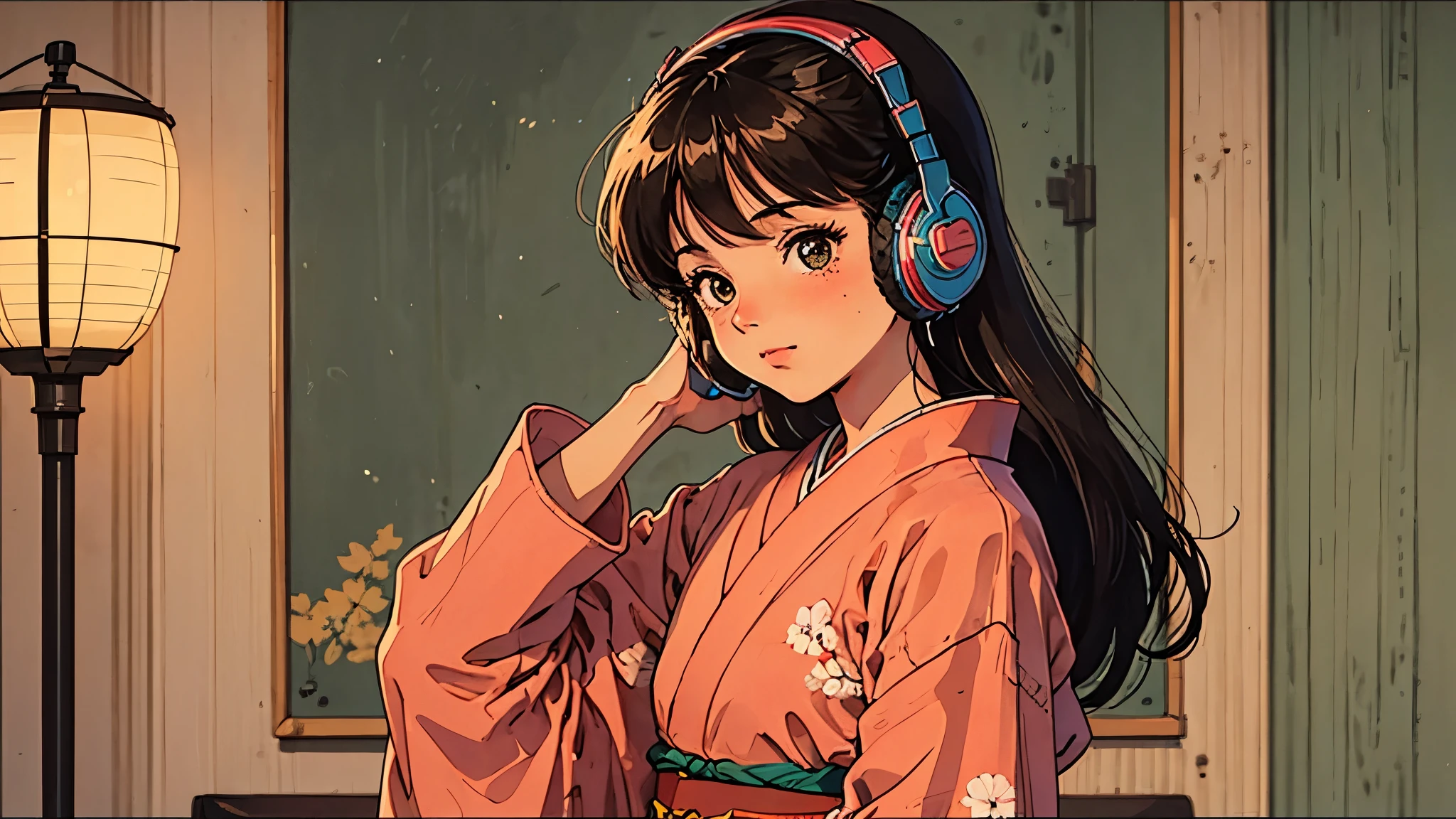 1girl, A girl in 80s anime style, wearing headphones, retro, lo-fi, kimono, kimono, Japan, Japanese style, Japanese style, Japanese pattern, Japanese Pattern, wall, wall