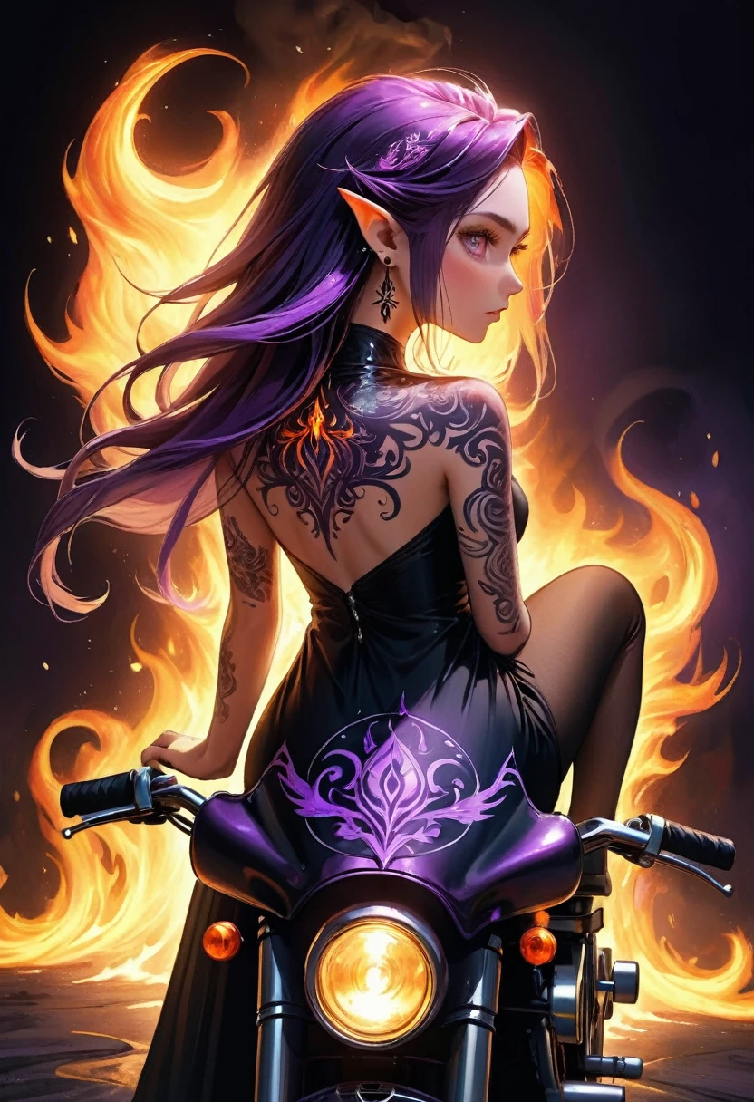 Arafed, Dark fantasy art, fantasy art, goth art, a picture of a motorcycle tattoo on the back of a female elf, a glowing tattoo of a ((motorcycle: 1.3)) on the elf's back, the ((motorcycle tattoo)) is vivid, intricate detailed coming to life from the ink to real life, GlowingRunesAI_purple, ((fire surrounds the motorcycle: 1.5)), shot taken from the back, ((the back is visible: 1.3), she wears a transparent black dress, the dress is elegant, flowing, elven style, that the tattoos glow, dynamic hair color, dynamic hair style, faize,, Digital Painting