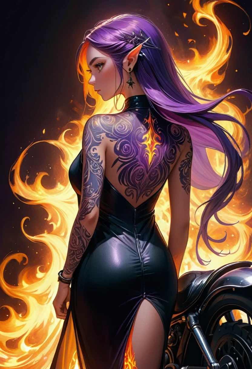Arafed, Dark fantasy art, fantasy art, goth art, a picture of a motorcycle tattoo on the back of a female elf, a glowing tattoo of a ((motorcycle: 1.3)) on the elf's back, the ((motorcycle tattoo)) is vivid, intricate detailed coming to life from the ink to real life, GlowingRunesAI_purple, ((fire surrounds the motorcycle: 1.5)), shot taken from the back, ((the back is visible: 1.3), she wears a transparent black dress, the dress is elegant, flowing, elven style, that the tattoos glow, dynamic hair color, dynamic hair style, faize,, Digital Painting
