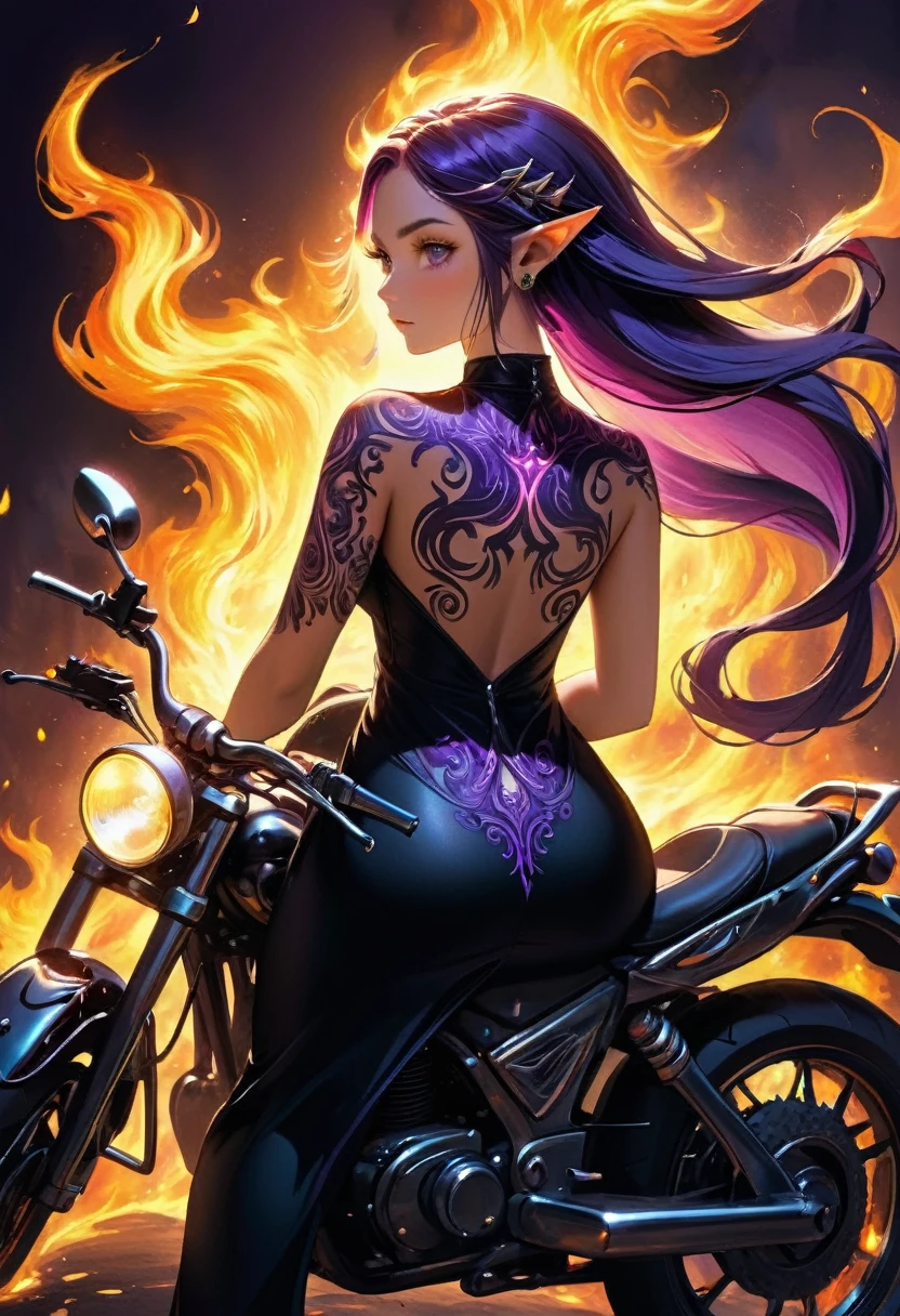 Arafed, Dark fantasy art, fantasy art, goth art, a picture of a motorcycle tattoo on the back of a female elf, a glowing tattoo of a ((motorcycle: 1.3)) on the elf's back, the ((motorcycle tattoo)) is vivid, intricate detailed coming to life from the ink to real life, GlowingRunesAI_purple, ((fire surrounds the motorcycle: 1.5)), shot taken from the back, ((the back is visible: 1.3), she wears a transparent black dress, the dress is elegant, flowing, elven style, that the tattoos glow, dynamic hair color, dynamic hair style, faize,, Digital Painting