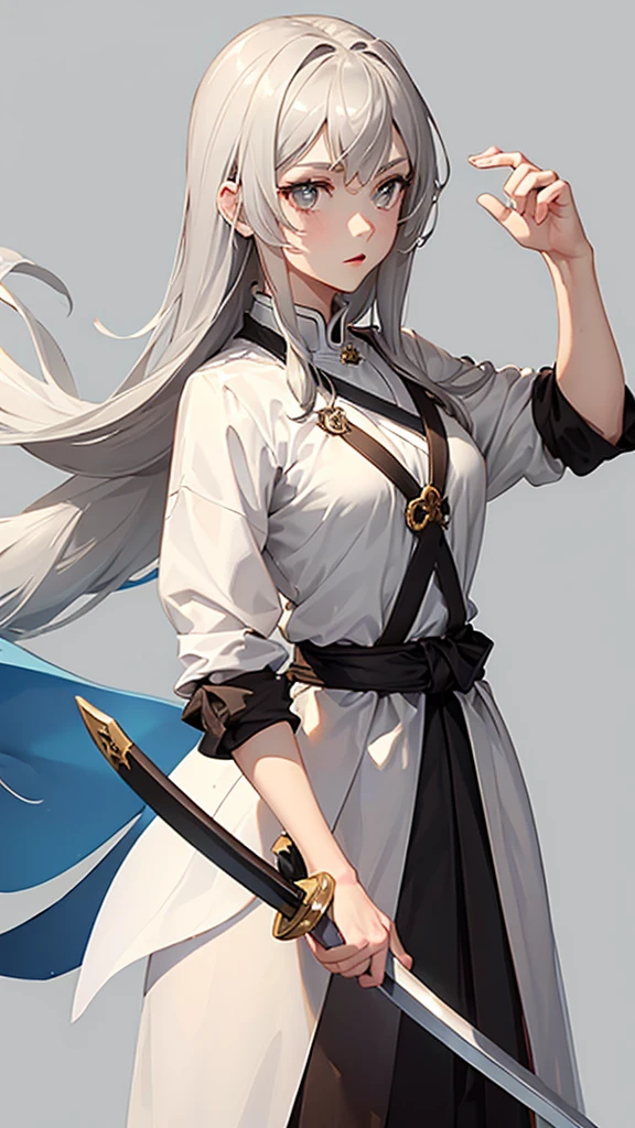 ((Pause)), (To the camera), Character Design, (Young people), ((Female Swordsman), White skin, (Medieval), brown, Gray Hair, whole body, Holding a sword, (Perfect quality), Pure white background