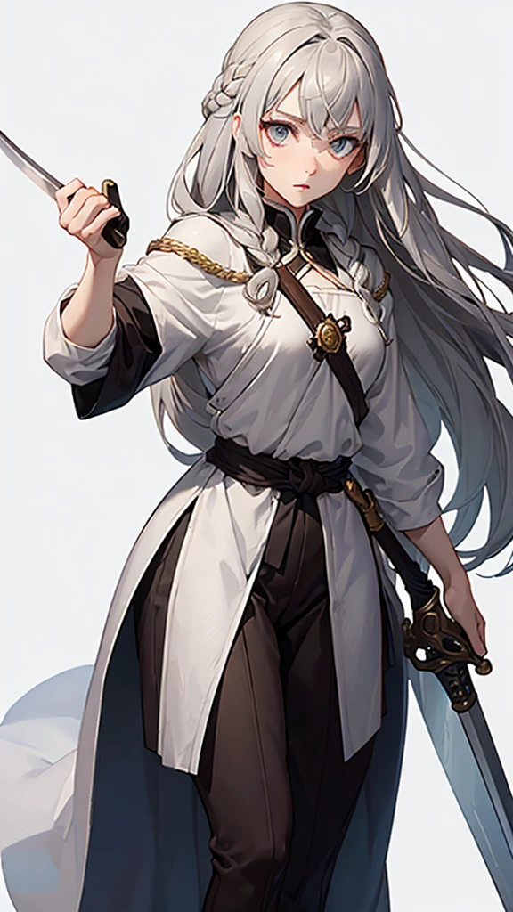 ((Pause)), (To the camera), Character Design, (Young people), ((Female Swordsman), White skin, (Medieval), brown, Gray Hair, whole body, Holding a sword, (Perfect quality), Pure white background