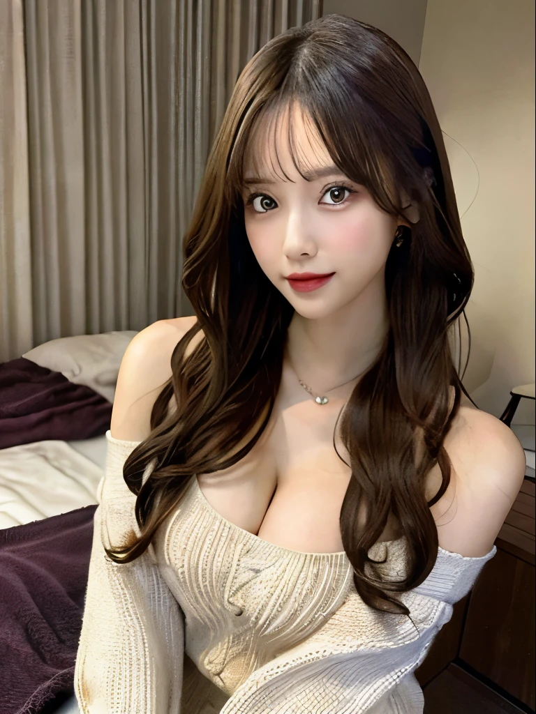 best qualtiy，tmasterpiece，超A high resolution，（realisticlying：1.4），
1girll long curly hair，Rich in detail， shoulder，cleavage，Knitwear， Deep shading， messy room， sit pose， Sitting on an object，