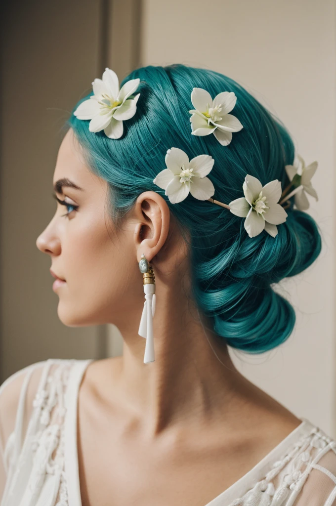 Teal ear microphone piece with marble texture and white flowers on it.