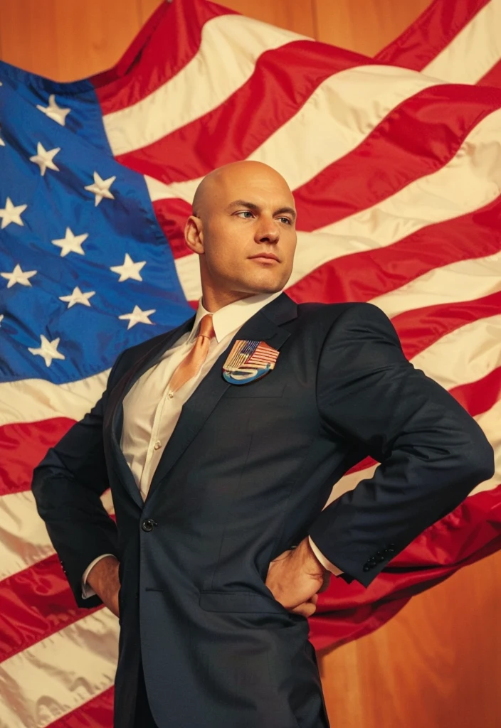 Bald white man in a suit, usa flag in the Background