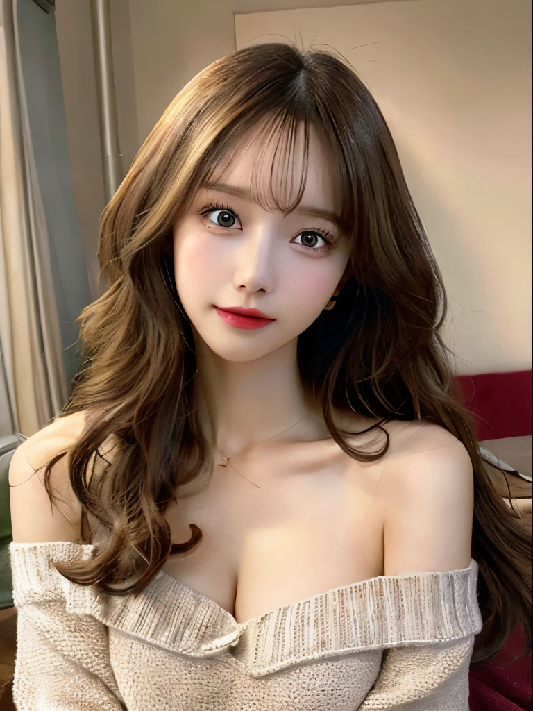 best qualtiy,tmasterpiece,超A high resolution,(realisticlying:1.4),
1girll long curly hair,Rich in detail, shoulder,cleavage,Knitwear, Deep shading, messy room, sit pose, Sitting on an object,