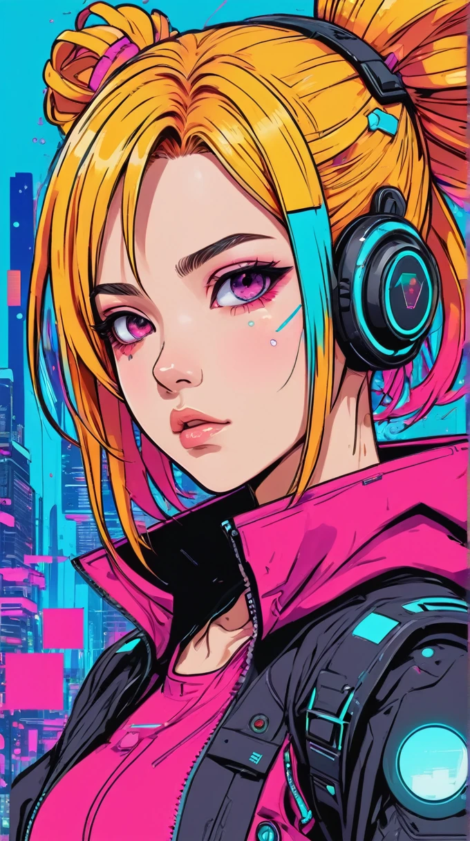 anime, an girl, kawaii, cyberpunk, colorful, ink paint line art, vector art, thick lines, glitch art, flat colors, key visual, vibrant, technical drawing, line art, minimalist, masterpiece,