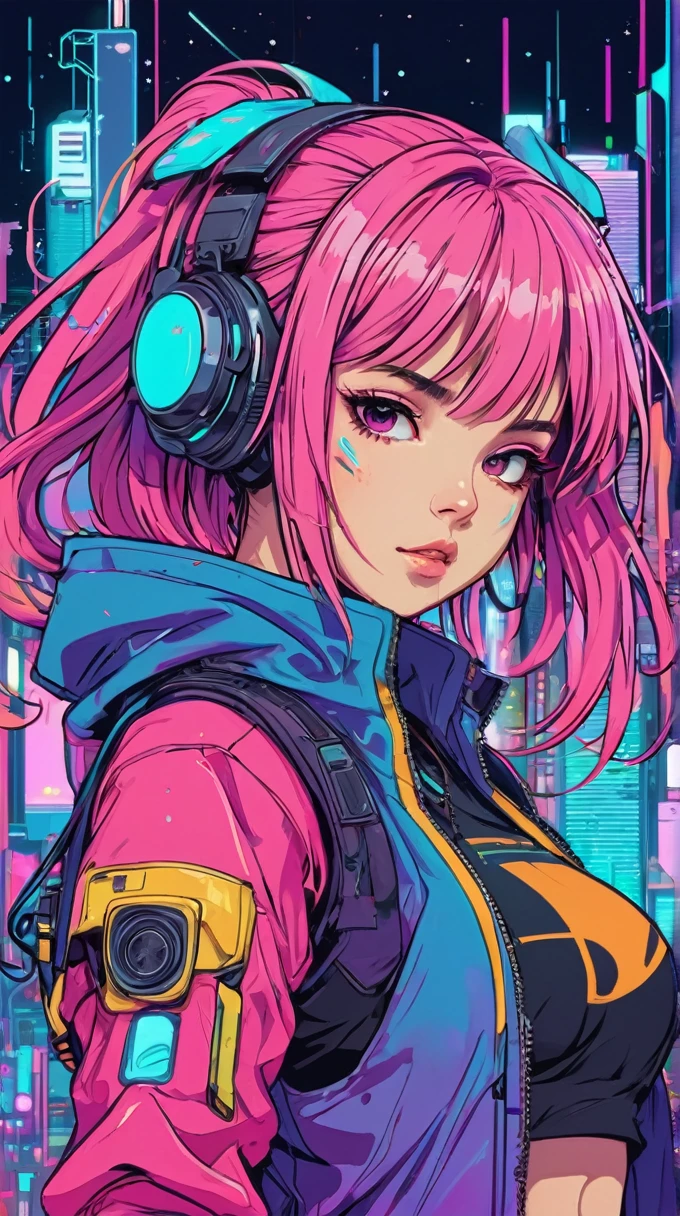 anime, an girl, kawaii, cyberpunk, colorful, ink paint line art, vector art, thick lines, glitch art, flat colors, key visual, vibrant, technical drawing, line art, minimalist, masterpiece,
