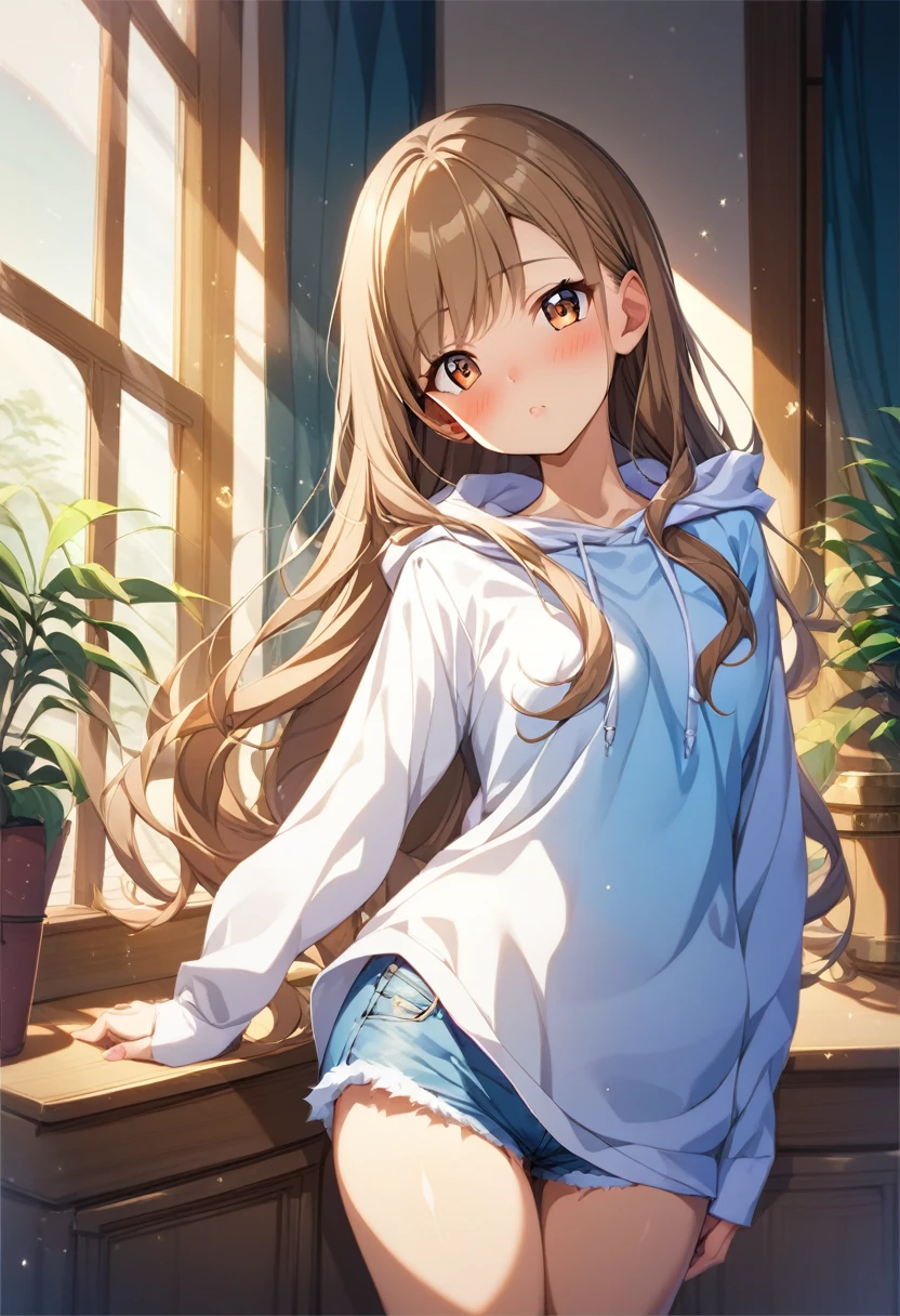((masterpiece,Highest quality;1.3,best illustration)),cowboy shot,1woman、25 year old beauty、独奏,((very small head:1.5)),brown hair,straight long hair,bangs,brown eyes,gorgeous eyes,blush,small breasts,((very long body:1.3)),((toned body,slender body,skinny)),gleaming skin,shiny skin,oily skin,(White tight T-shirt、Black hoodie、denim micro shorts)、on street,Tokyo,