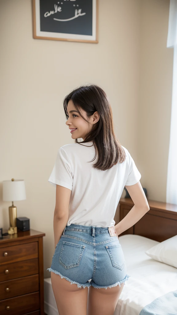 Woman, standing backwards. focus on the ass. Wearing a white shirt with denim shorts. in the bedroom. Sorrindo.