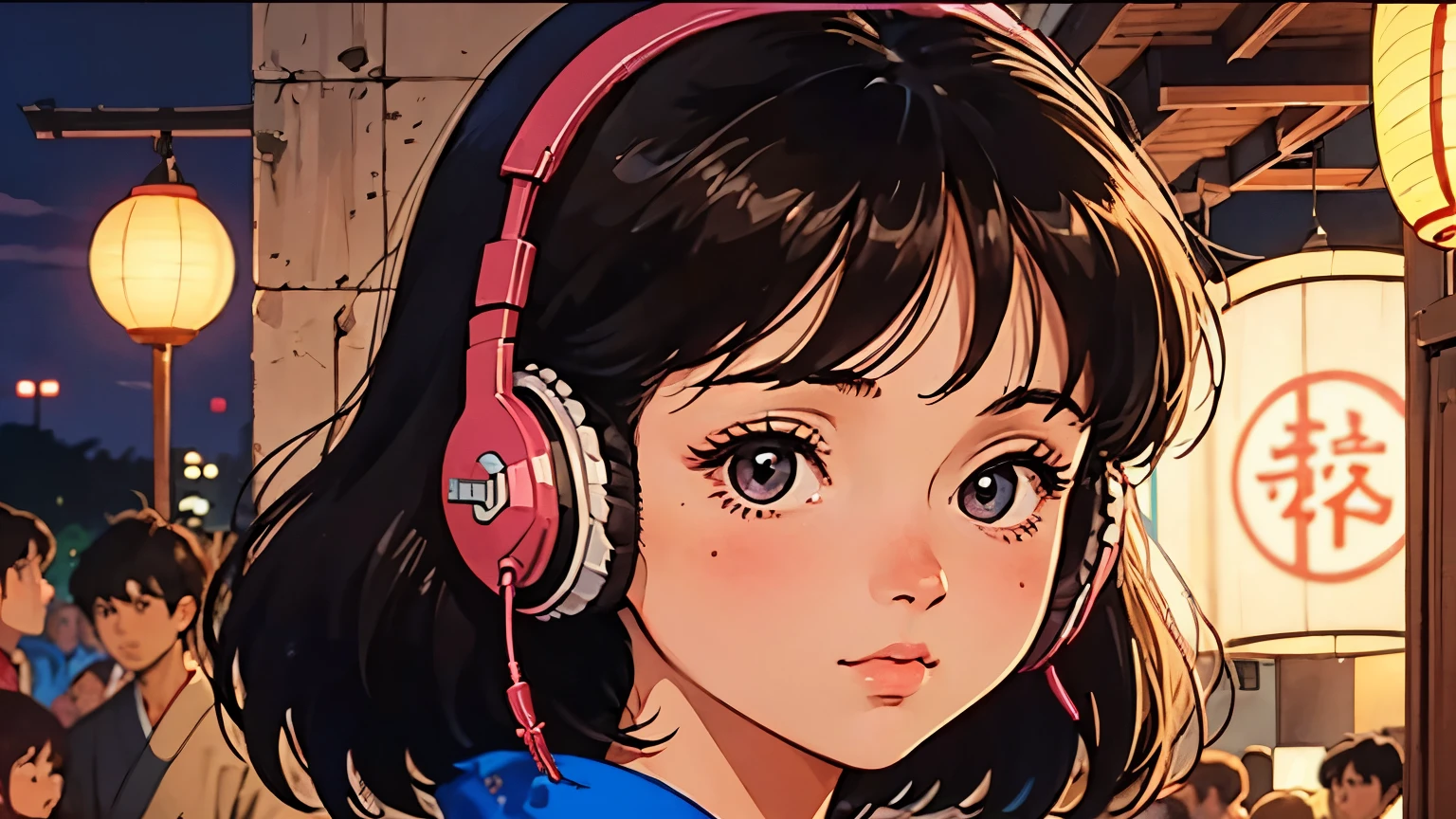 1 girl, A girl in 80s anime style, wearing headphones, retro, lo-fi, outside, outside, kimono, kimono, Japan, Japanese style, Japanese style, festival, Festivals