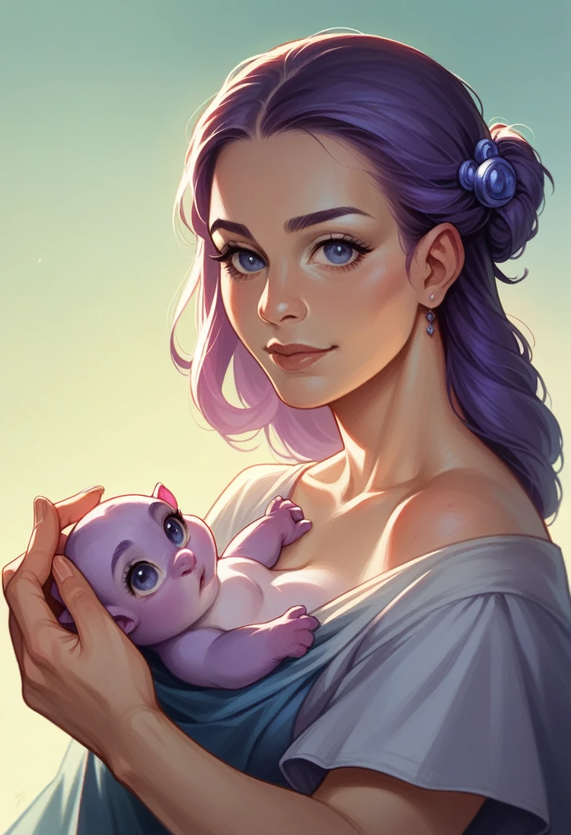 fantasy concept art, a mother and her baby breastfeeding, beautiful light decorations, wide shot, 8k octane rendering, photorealistic, epic shot, cinematic lighting, the baby detailed, lilac sky detailed
