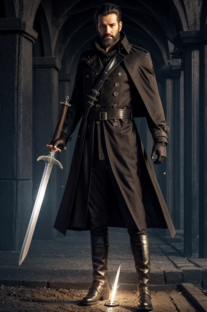 Nordic adult, 40 years, black trench coat, black pants, Boots, ((sword in hand)), hairless, with long black beard, Brown eyes ((magical artifacts)), gloves, ((anime style))