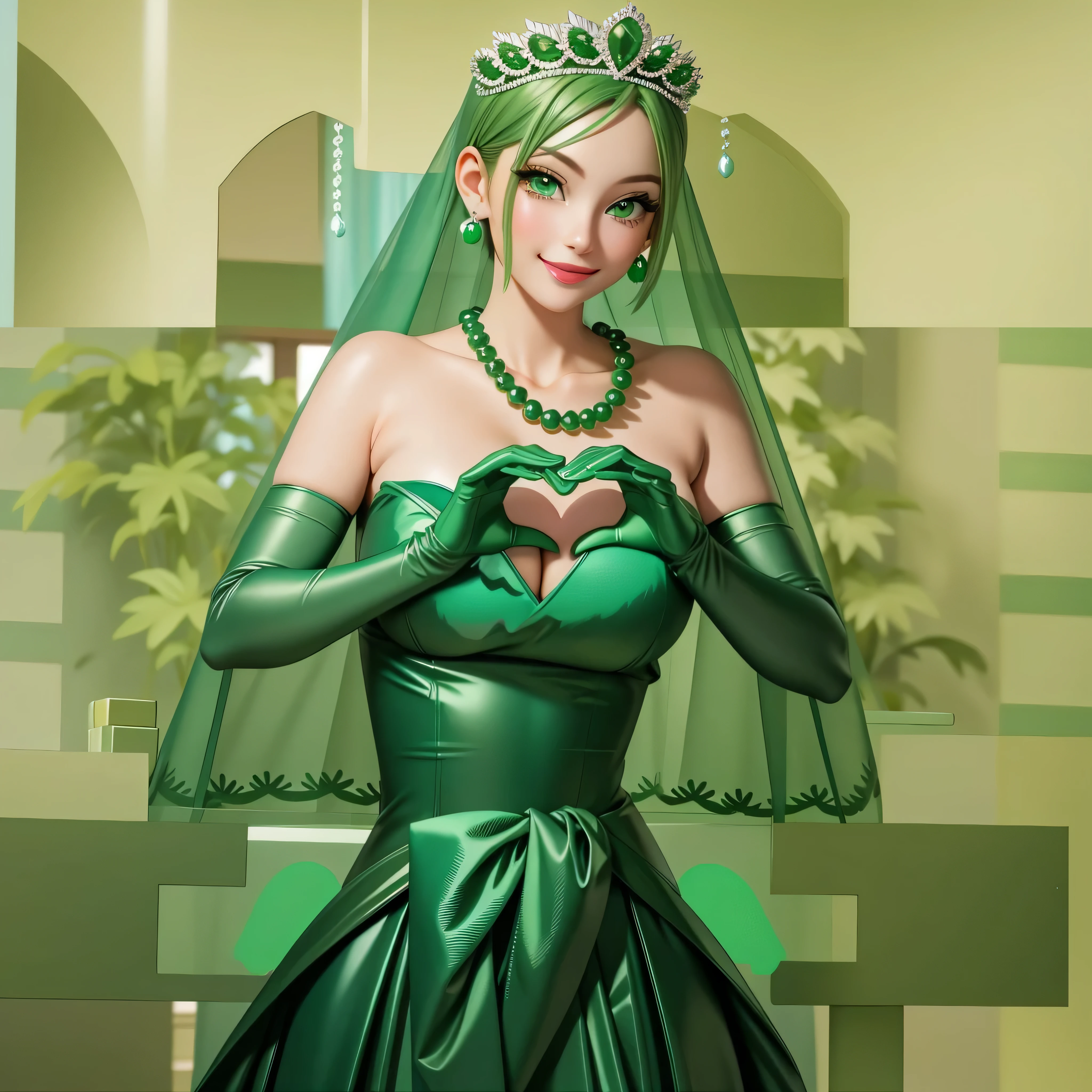 emerald tiara, Green Pearl Necklace, Boyish very short green hair, Green Lips, Smiling Japanese woman, Very short hair, Busty beautiful lady, Green Eyes, Green satin long gloves, Green Eyes, Emerald Earrings, Green veil, Heart with both hands, Green Hair, Beautiful Japanese Woman, Heart shaped hands:1.3, green lip gloss