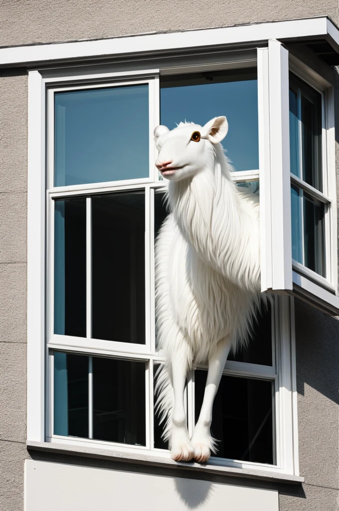 white creature with 2 long legs and black eyes coming out of a window 