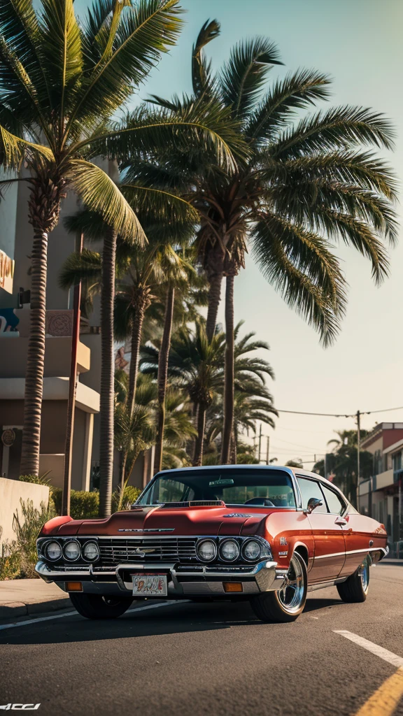 A photorealistic image of a lowrider car bouncing on a sun-drenched boulevard. Palm trees sway in the breeze. The car is a classic Chevy Impala with candy apple red paint and Chicano murals depicting fantastical creatures and Aztec warriors. Chrome gleams everywhere. Hydraulics lift the front end high, showcasing intricate wire wheels. The car dips low, almost scraping the ground. Fuzzy dice dangle from the rearview mirror, and a subwoofer thumps in the trunk. The scene pulsates with vibrant Latino culture. Additional details: 8k resolution Octane render Focus on the chrome details and the movement of the car