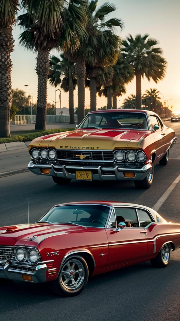 A photorealistic image of a lowrider car bouncing on a sun-drenched boulevard. Palm trees sway in the breeze. The car is a classic Chevy Impala with candy apple red paint and Chicano murals depicting fantastical creatures and Aztec warriors. Chrome gleams everywhere. Hydraulics lift the front end high, showcasing intricate wire wheels. The car dips low, almost scraping the ground. Fuzzy dice dangle from the rearview mirror, and a subwoofer thumps in the trunk. The scene pulsates with vibrant Latino culture. Additional details: 8k resolution Octane render Focus on the chrome details and the movement of the car