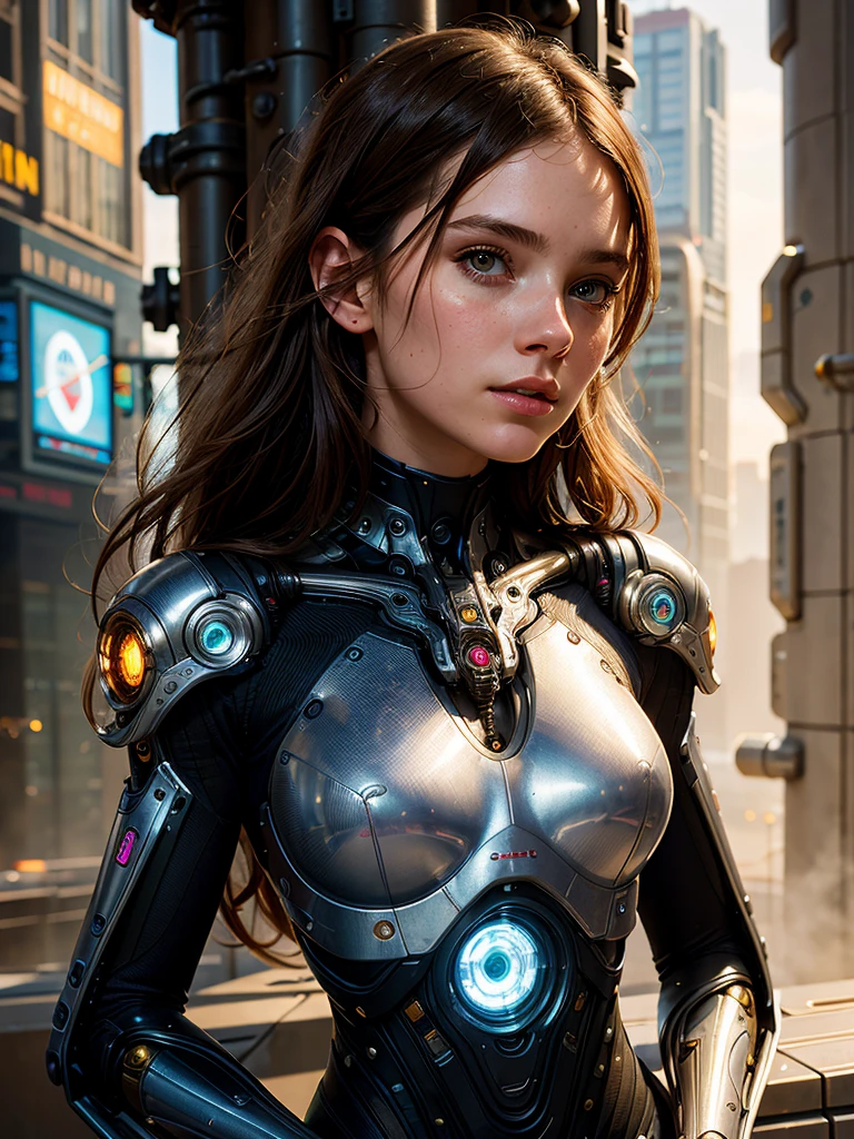 beautiful detailed young cyborg girl:1.2, (highly detailed futuristic cityscape:1.2), (scifi:1.2), professional portrait photography, by wlop greg rutkowski jeffrey simpson alphonse mucha