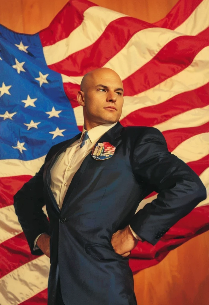 Bald white man in a suit, usa flag in the Background