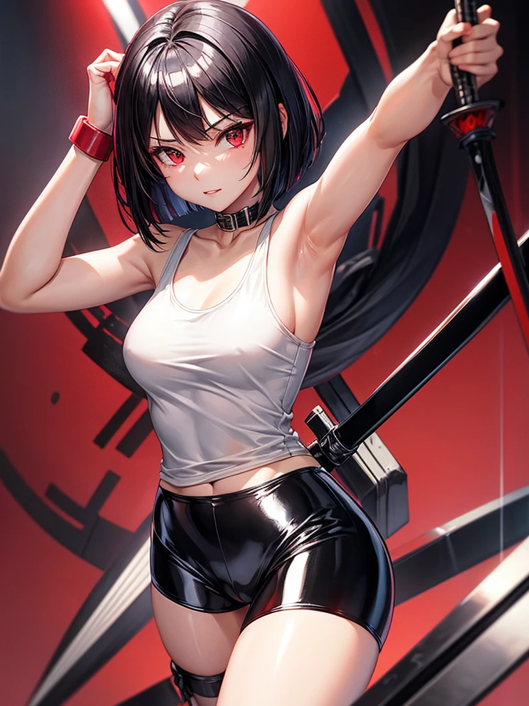 solo girl,Glossy metalic light silver tank top, tight latex shiny, Red interpolation color,Black hair bob,red eyes, camel toe, Samurai Sword,
Lift one leg, sexy lady, กางเกงใน girl,