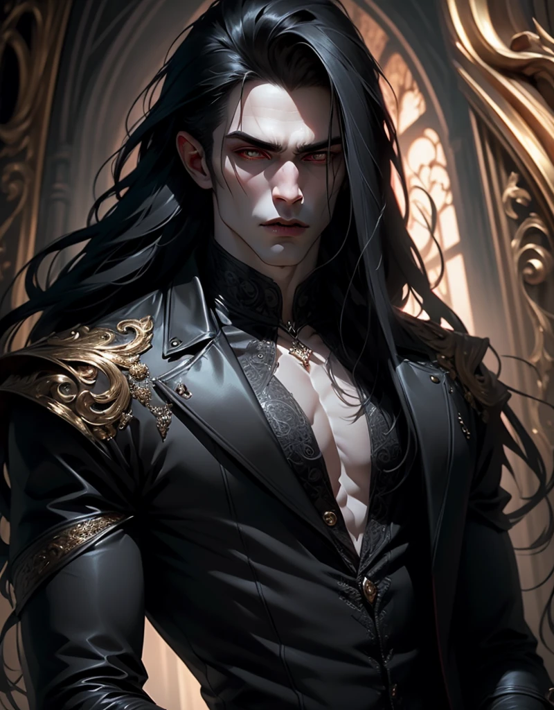 {anatomy}(Masterpiece - Ultra-detailed, very high resolution) Prepare to be enchanted by a true masterpiece that combines ultra-detailed art with high-resolution rendering. This work portrays a vampire man with long black hair (1.3) and captivating golden eyes (1.2), emanating an aura of mystery in decadent settings. The intricate details and realistic textures invite you to explore every aspect of this enchanting composition. Vampire man wearing a black 60s biker vest. 60s. Serious expressions. Pale skin like a vampire.