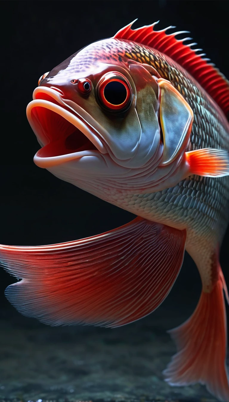 Panorama，河里有一种Mysterious Creatures：Red fish body，Fish head looks like a human face，Mysterious Creatures, shrike, (best quality，4K，8K，High level，masterpiece：1.2），Ultra Detailed，（lifelike，Photo real，Photo real：1.37），Highly detailed animals，Complex patterns，Realistic lighting，Fantasy Creatures