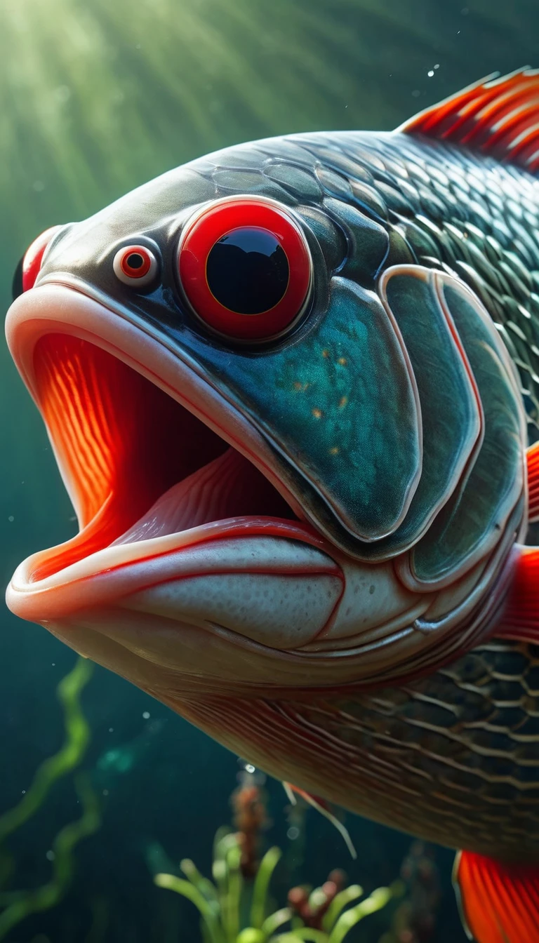 Panorama，河里有一种Mysterious Creatures：Red fish body，Fish head looks like a human face，Mysterious Creatures, shrike, (best quality，4K，8K，High level，masterpiece：1.2），Ultra Detailed，（lifelike，Photo real，Photo real：1.37），Highly detailed animals，Complex patterns，Realistic lighting，Fantasy Creatures