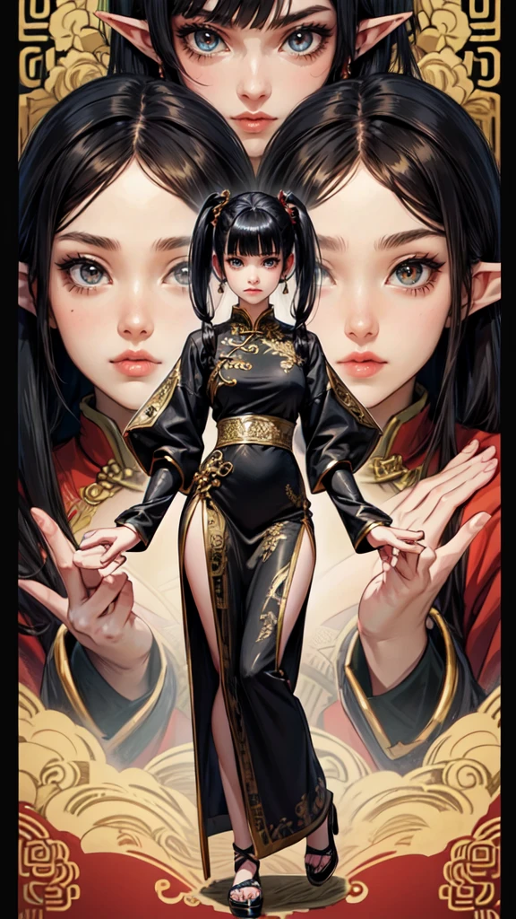 girl,full body,(detailed face:1.2), masterpiece, fashion,chinese dress,, medium hair, black hair, twintails, blunt bangs, brown eyes,detailed hands, detailed eyes, detailed face,full body, elf gir
