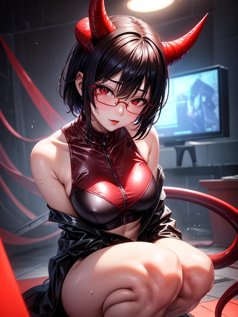 Beautiful girl,Korea, sitting among red light neon, futuristic,
 18 years old,Short hair, shoulder length,black hair, medium breasts,wet, sweat, camel toe, red lips ,Wear glasses,
White underwear, sexy pose,
 red eyes, cyberpunk  world, Squat and spread your legs. Sexy lady, กางเกงใน girl,
Two horns and a red demon tail, succubus, slim, ปีกนางฟ้า,