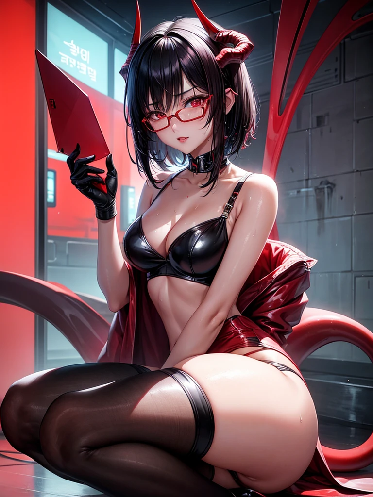 Beautiful girl,Korea, sitting among red light neon, futuristic,
18 years old,Short hair, shoulder length,black hair, medium breasts,wet, sweat, camel toe, red lips ,Wear glasses,
White underwear, sexy pose,
red eyes, cyberpunk world, Squat and spread your legs. Sexy lady, กางเกงใน girl,
Two horns and a red demon tail, succubus, slim, ปีกนางฟ้า,