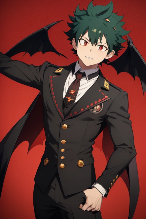 Izuku Midoriya from My Hero Academia, Vampire, incubus, red eyes and white hair, bat wings, black clothes, black steampunk pants, red shirt, black vest, pale skin. Looking straight at the viewer