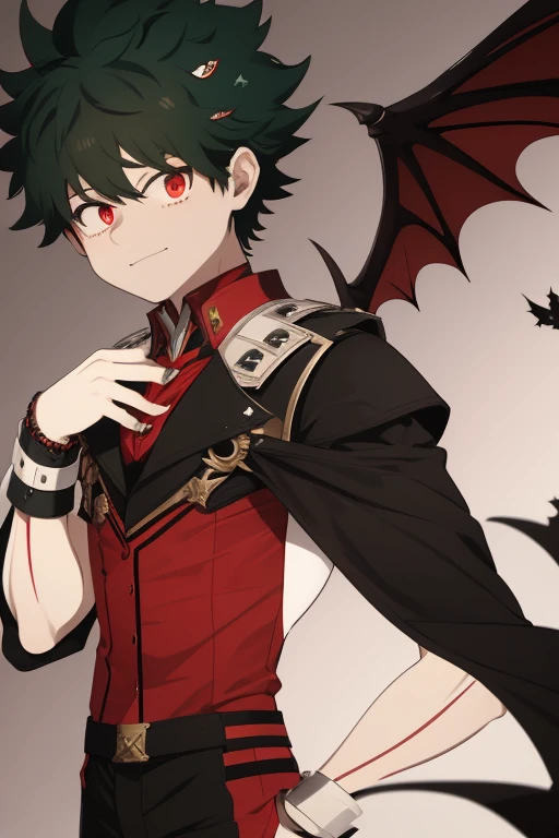 Izuku Midoriya from My Hero Academia, Vampire, incubus, red eyes and white hair, bat wings, black clothes, black steampunk pants, red shirt, black vest, pale skin. Looking straight at the viewer