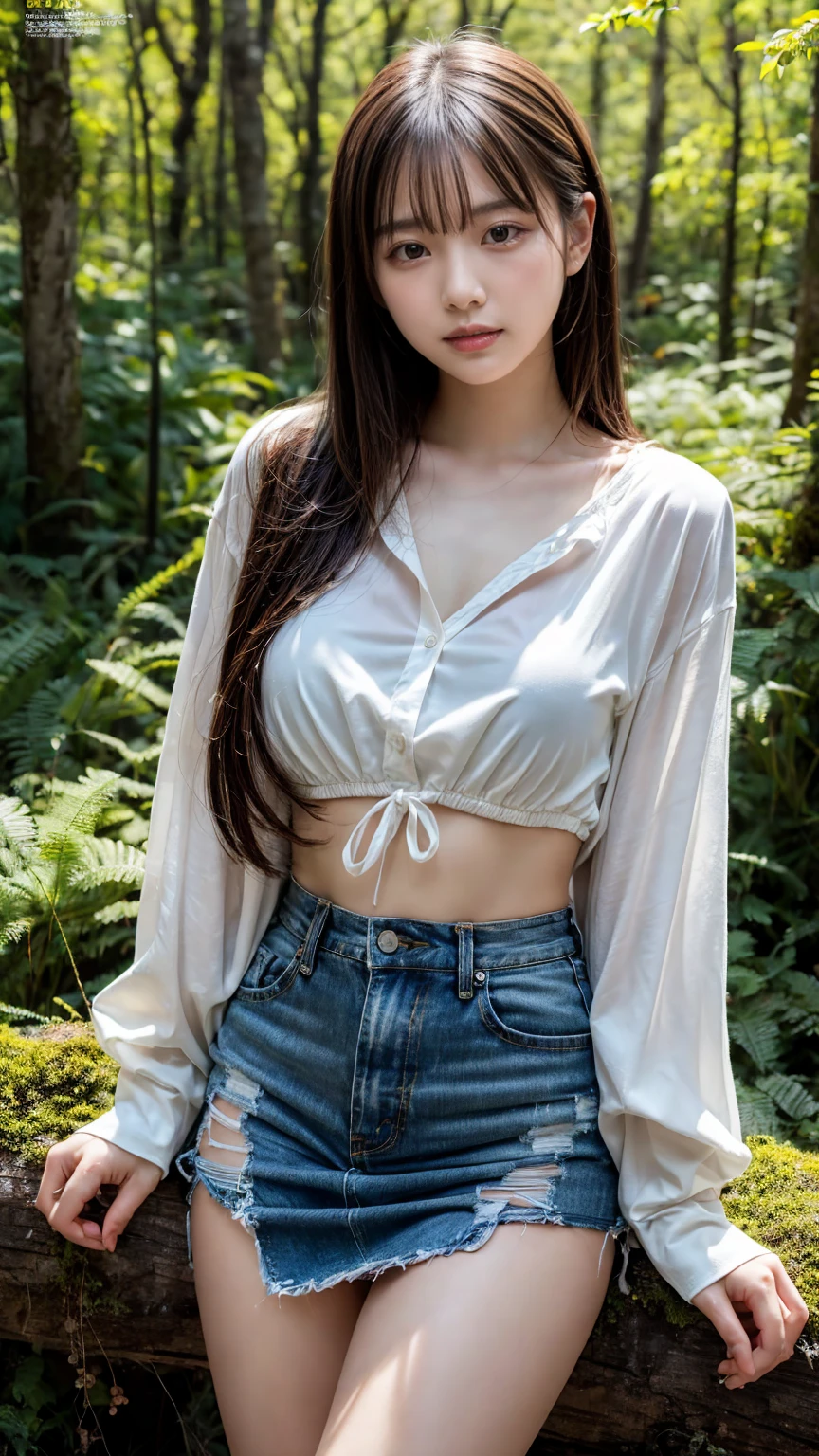 (8K, RAW Photos, Highest quality, masterpiece:1.2), (professional photography, full colors, studio-caliber color grading), (Gravure quality for high-end fashion magazines), BREAK,18 year old girl, (boyish:1.15), (mannish:1.1), Big Natural Color Lip, Plumpy body, (smooth skin:1.1), (huge breasts:1.0), BREAK (Less revealing shirts:1.2), Very short yellow checked miniskirt, BREAK (In a forest rich in nature:1.2)