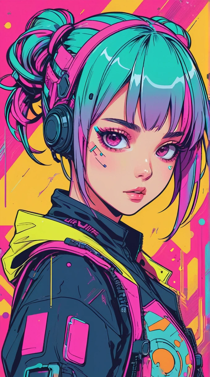 anime, an girl, kawaii, cyberpunk, colorful, ink paint line art, vector art, thick lines, glitch art, flat colors, key visual, vibrant, technical drawing, line art, minimalist, masterpiece,