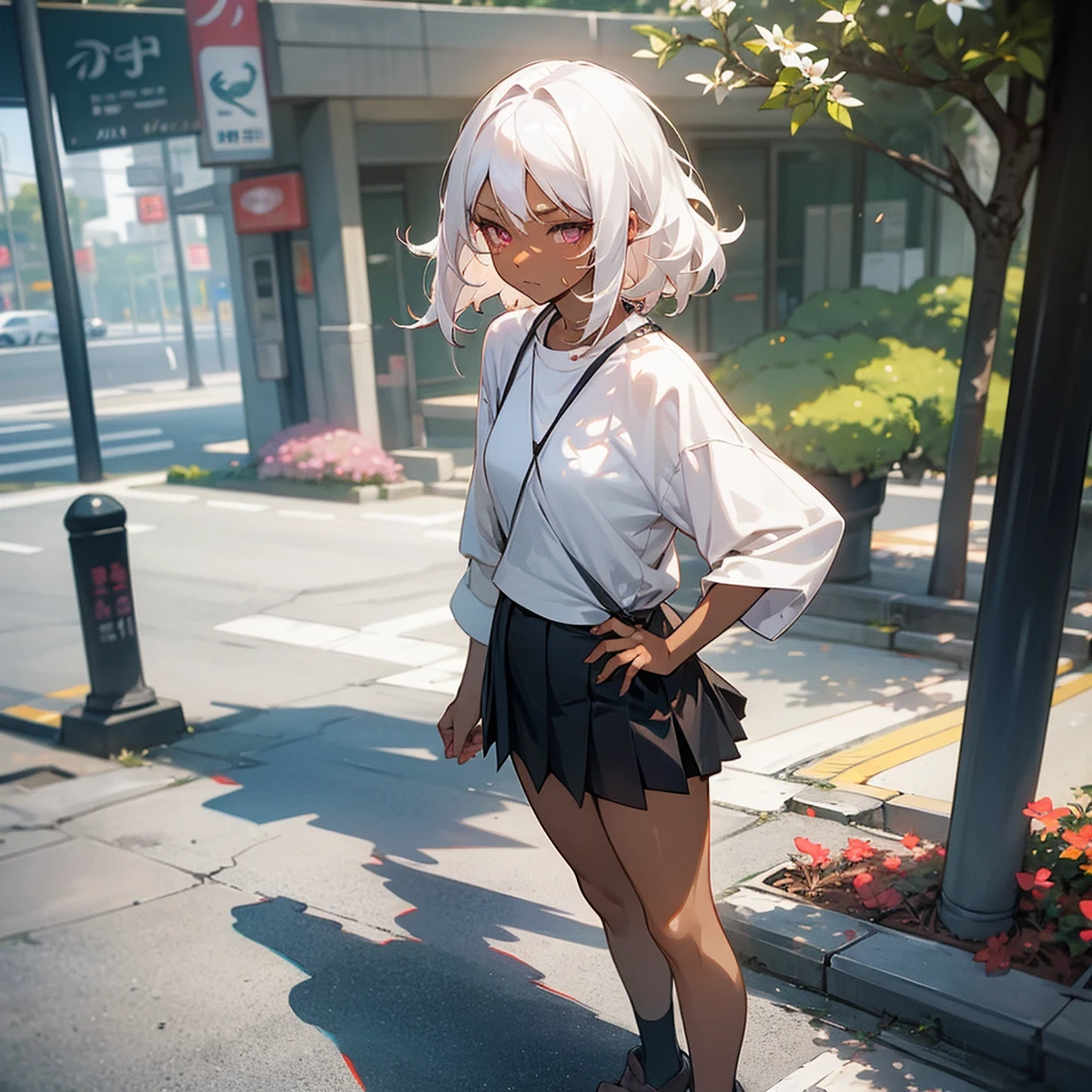1female, sexy, young adult, dark skin, finely detailed plum eyes, wild medium hair, seashell white hair color, , short skirt, standing on street, day time, tokyo streets, somber expression, flowers