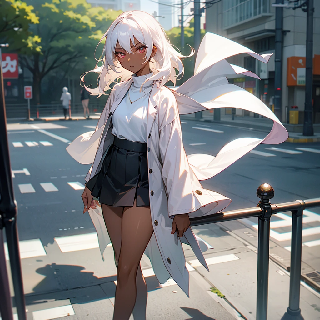 1female, sexy, young adult, dark skin, finely detailed plum eyes, wild medium hair, seashell white hair color, , short skirt, standing on street, day time, tokyo streets, somber expression, flowers
