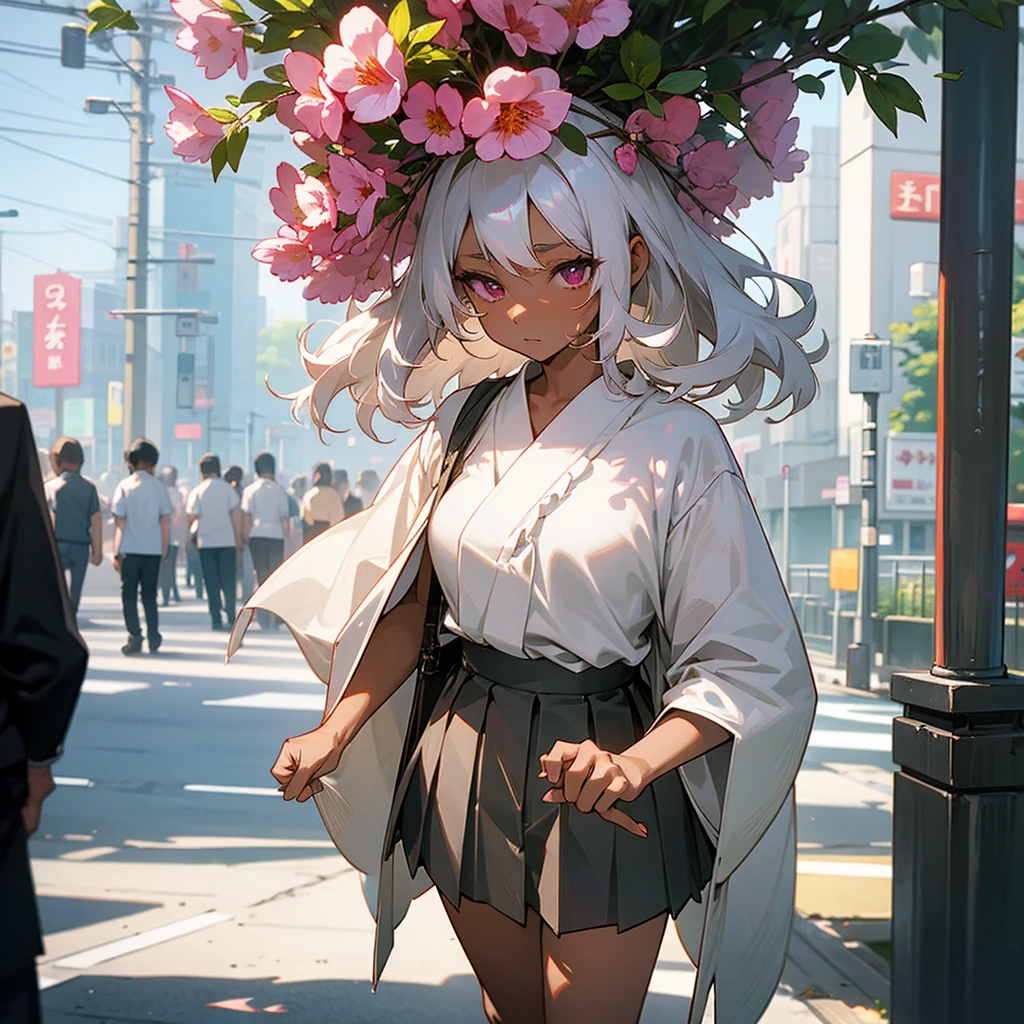 1female, sexy, young adult, dark skin, finely detailed plum eyes, wild medium hair, seashell white hair color, , short skirt, standing on street, day time, tokyo streets, somber expression, flowers